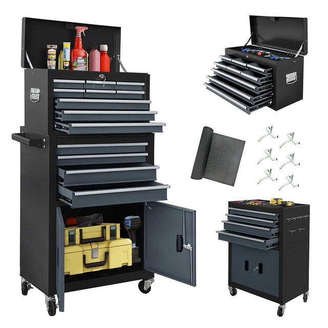 13-Drawer Double Doors Tool Chest, 2 in 1 Detachable Rolling Tool Chest, Large Tool Box with Drawers, Mobile Tool Cabinet with Lock, Metal Standing Toolbox for Garage Workshop-Black&Gray