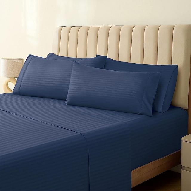 LuxClub Striped Sheets Set, 6 PC Striped Bed Sheets Queen Size, Deep Pockets 18" Eco Friendly Wrinkle Free Sheets Machine Washable Hotel Bedding Silky Soft (Queen, Striped Navy)