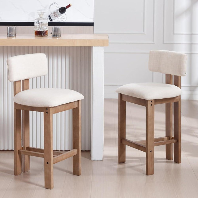 BESTANO 26” Counter Stools Set of 2 Counter Height Bar Stools with Back and Solid Wood Legs Modern Farmhouse Linen Upholstered Kitchen Bar Stools Countertop Chairs, Beige