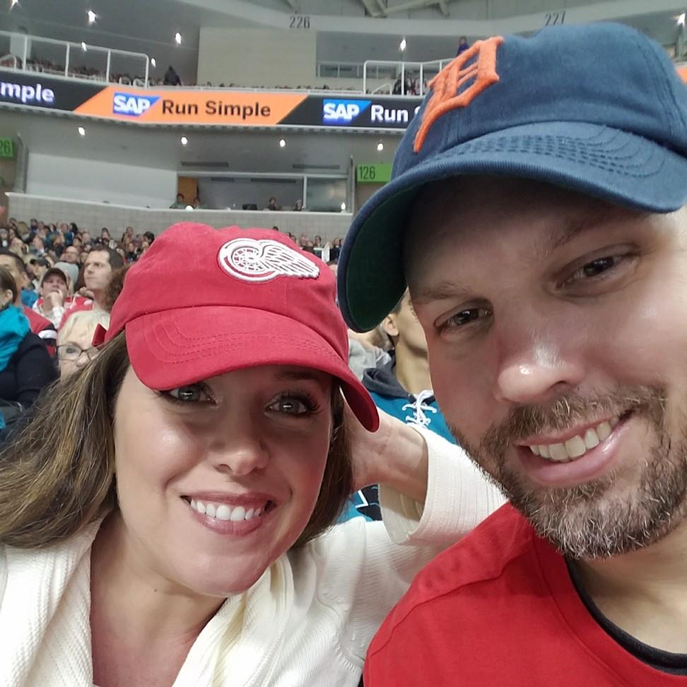 Proud Michiganders at a Red Wings vs. Sharks game (we lost). January 2017