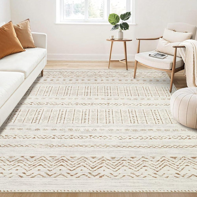 Large Living Room Area Rug 5x7: Soft Machine Washable Boho Moroccan Farmhouse Rugs for Bedroom Under Dining Table - Non-Slip Neutral Morden Indoor Floor Rug Carpet for Home Office Decor - Brown/Cream
