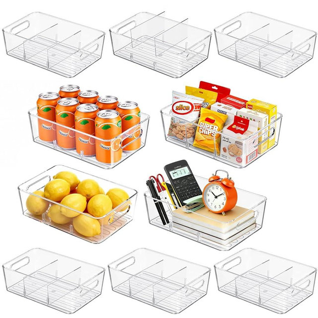 Mpotmiy 10 Pack Pantry Organizers and Storage,Clear Plastic Containers with 2 Dividers for Kitchen,Fridge Organization and Storage,Acrylic Bins for Pounches,Spice Packet,Snack organzier