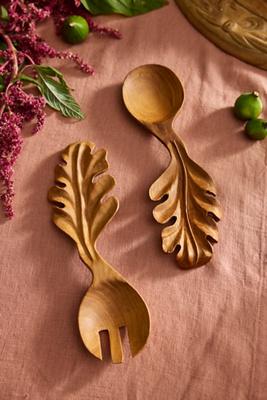 Oak Leaf Teak Serving Utensil Set