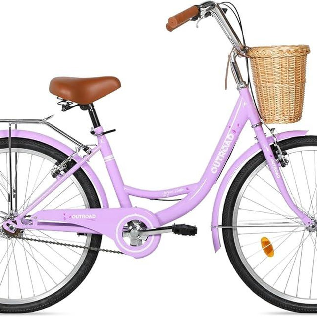 Max4out Beach Cruiser Bike for Adult, Womens Bicycle with Rattan Front Basket, 24 & 26 Inch Comfort Bikes with Adjustable Seat and Dual V-Brake (Pink & White & Green & Purple & Black)