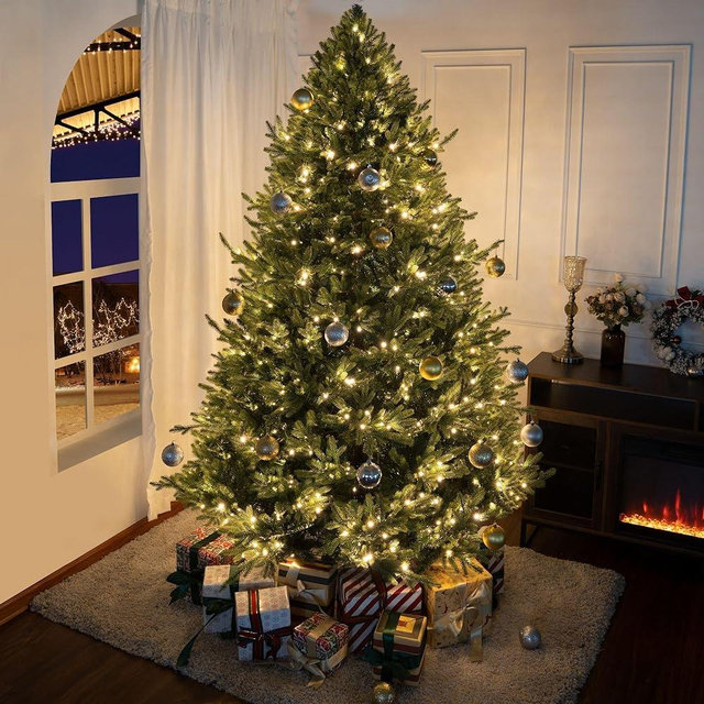 Kinsley 7.5ft Prelit Aritificial Christmas Tree with 4130 Branch Tips, 600 Warm Lights and Metal Stand, 59" Wide Realistic Traditional Christmas Tree with Lights by Naomi Home