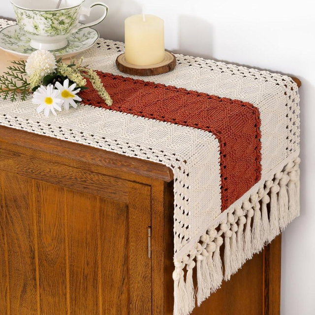 Socomi Boho Table Runner Fall Thanksgiving Farmhouse Rustic Dining Kitchen Centerpiece Macrame Woven Cotton Linen Coffee Table Runner for Dresser Scarf Home Decor 12x72 inch Terracotta Ivory