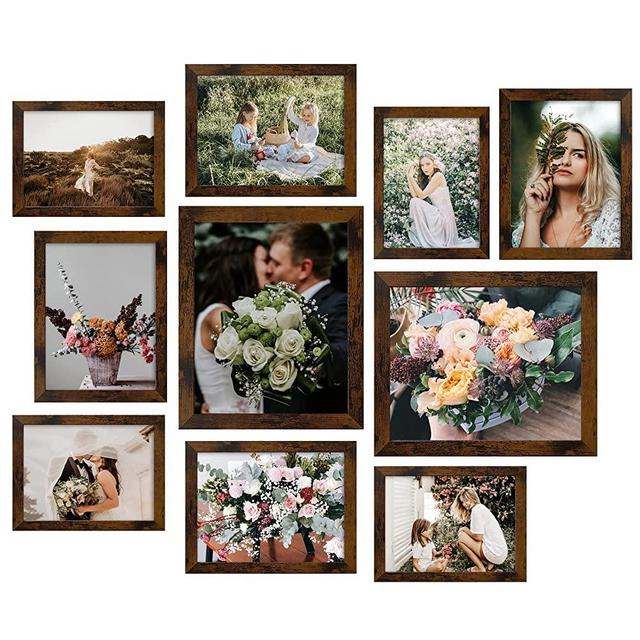 LUCKYLIFE Picture Frame Set 10-Pack, Gallery Wall Frame Collage with 8x10 5x7 4x6 Frames in Yellow Brown Finishes