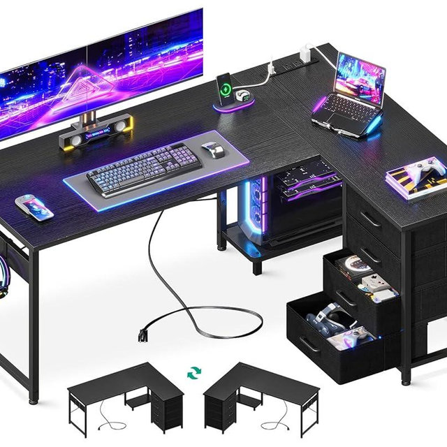 Casaottima L Shaped Desk with 4 Tier Drawers, 53" Gaming Desk with Power Outlets & USB, Reversible L-Shaped Computer Desk with CPU Stand, Home Office Corner Desk with Storage, Easy Assemble, Black