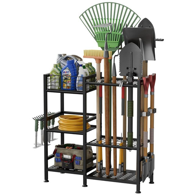 keomaisyto Garden Tool Organizer with Basket, 3 Tier Yard Tool Storage Rack for Garage Organization, Heavy Duty Garden Tool Holder with 35 Long-Handled Tool Slots for Shed, Yard, Garage