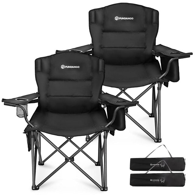 FUNDANGO Oversized Camping Chair for Adults, 2 Pack, Heavy Duty Foldable Portable Lawn Chair with Padded Seat & Back, Lumbar Support, 4-can Cooler & Cup Holder, Carry Bag Included for Outdoor (Black)