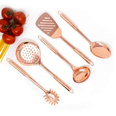 Copper Cooking Utensils for Cooking/Serving, Rose Gold Kitchen Utensils -Stainless Steel Copper Serving Utensils Set 5 PCS-Copper Ladle, Serving Spoon, Pasta Serving Fork, Spatula, Kitchen Skimmer