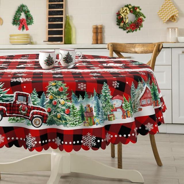 Cusugbaso Round Christmas Tablecloth 70 inches - Christmas Decorations for Home - Water Resistant Christmas Table Cloth - Red Truck Xmas Holiday Buffalo Plaid Christmas Decor for Table, Party,Kitchen