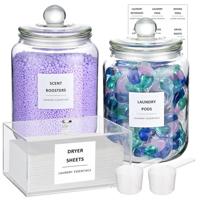 Glass Jars for Laundry Room Organization and Storage, Dispenser Set with Lids and Labels, Set of 2 Half Gallon Airtight Glass Jars & Dryer Sheet Holder - Perfect Laundry Storage Containers