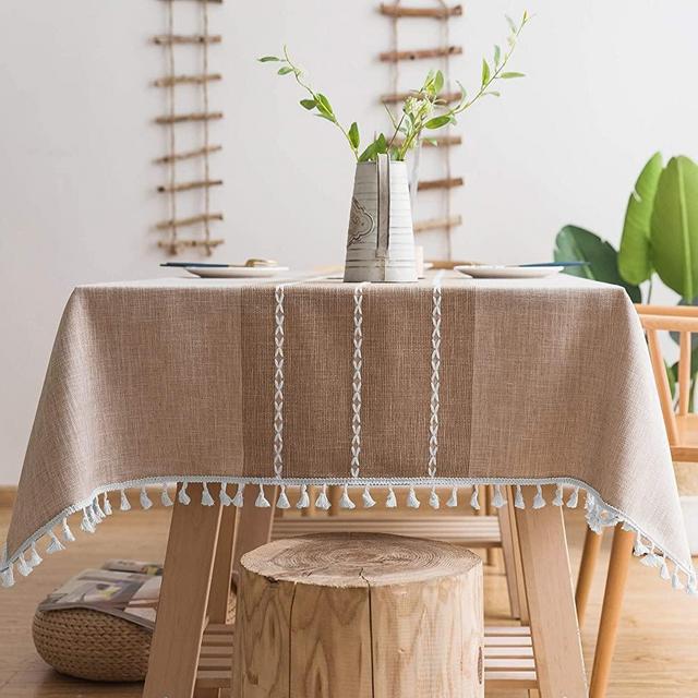 Oubonun Rustic Lattice Tablecloth Cotton Linen Light Coffee Square Table Cloths for Kitchen Dining, Party, Holiday, Christmas, Buffet, 55"x55"