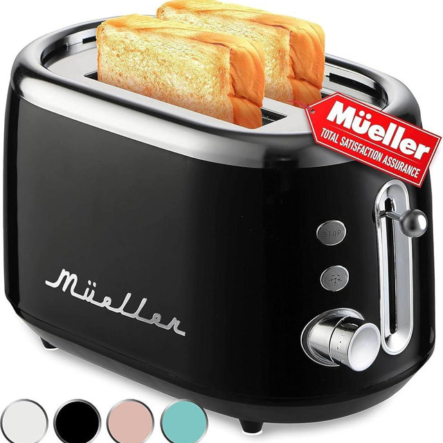 MÜELLERHOME Retro Toaster 2 Slice, 7 Browning Levels, 3 Functions (Reheat, Defrost, Cancel), Removable Crumb Tray, Under Base Cord Storage, Black