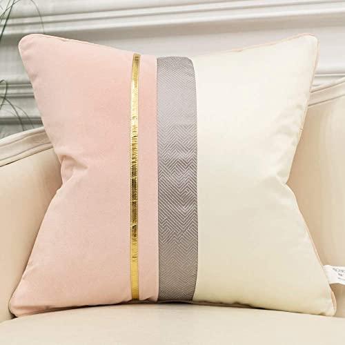 Avigers 18 x 18 Inches Pink White Gold Leather Striped Patchwork Velvet Cushion Case Luxury Modern Throw Pillow Cover Decorative Pillow for Couch Living Room Bedroom Car