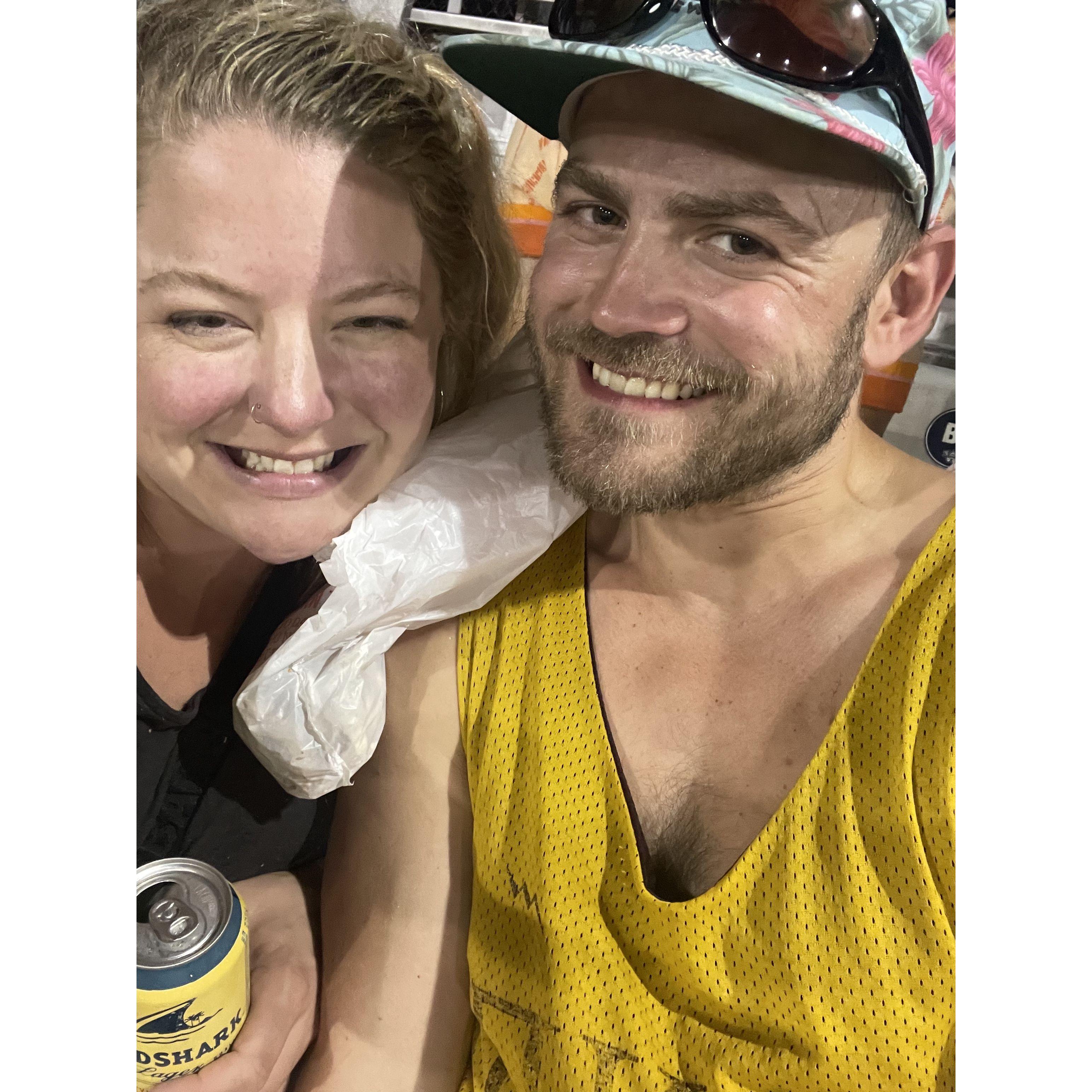 Our "official" engagement photo at a Wilmington Sharks baseball game in North Carolina!