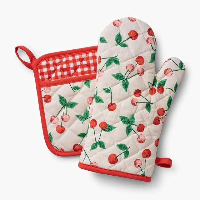 RIFLE PAPER CO. Cherries Oven Mitt and Potholder Set - Kitchen Protection with Hand-Painted Cherry Design, Cotton Shell & Polycotton Lining, Heat-Resistant, Diamond Quilted, Protects up to 450°F