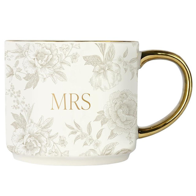 Sweet Water Decor Mrs Mug, 14oz Fine Bone China Coffee Cup with Gold Handle and Grey Delft Pattern, Bridal Shower Gift for Wedding Bride, Engagement & Newlyweds