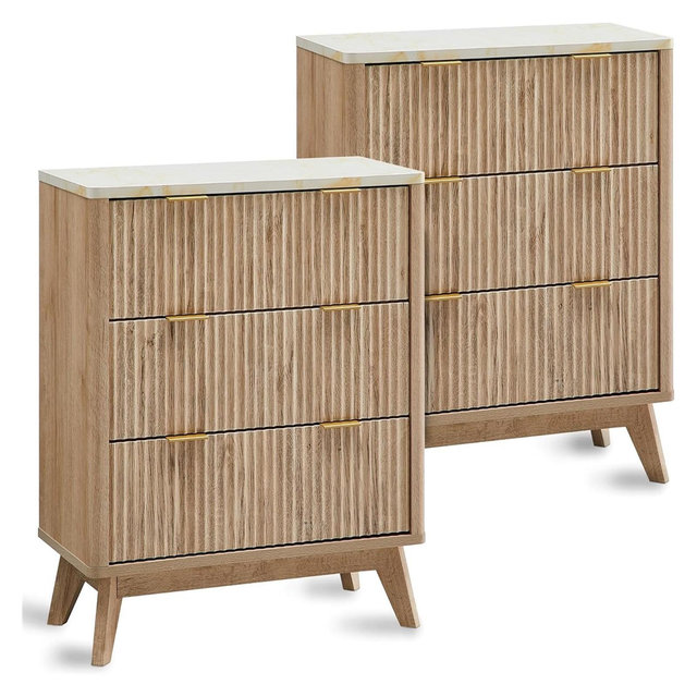 SinCiDo Modern Fluted Nightstand Set of 2, Wood 32" Tall Night Stand Side Tables with 3 Storage Drawers for Bedroom, Living Room, Natural Oak