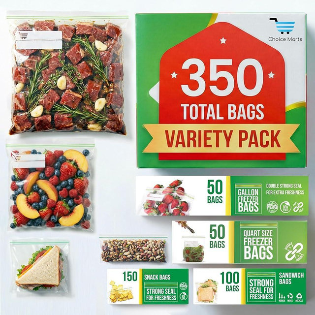 Baggies Variety Size Pack – 350 Count Food Storage Variety Pack with 50 Gallon Freezer Bags, 50 Quart Freezer Bags, 100 Sandwich Bags & 150 Snack Bags – Heavy Duty Resealable Freezer Storage Bags