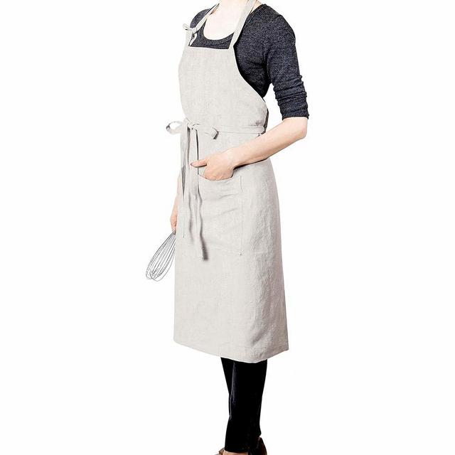 LK PureLife Stonewashed 100% French Linen Apron-Adjustable with Pockets for Women Men-Natural Linen