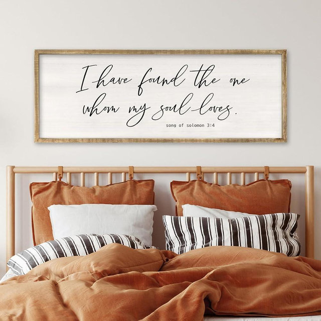 RLWangChao I Have Found The One Whom My Soul Loves Wall Art Sign 40x15 Inch Large Rustic Master Bedroom Above Bed Bible Verse Prints Wood Frame Vintage Song of Solomon 3:4 Wall Hanging Decor (Wood)