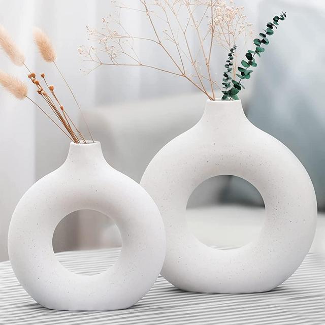 Leicofay Ceramic Hollow Donut Vase Set of 2, Off White Vases for Decor Nordic Minimalism Style Decor for Wedding Dinner Table Party Living Room Office Bedroom (L9”*W8” Bottle Mouth 1 inch)