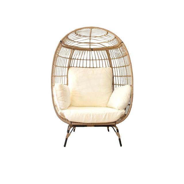 Barton Oversized Wicker Egg Chair Indoor/Outdoor Patio Lounger With Seat Cushion, Beige/White