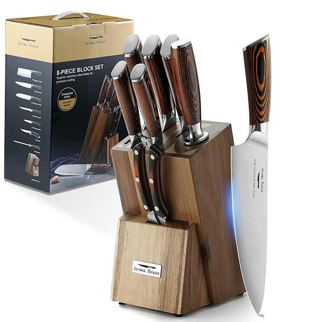 Aroma House 8-Piece Kitchen Knife Set with Block Wooden Professional High Carbon German Stainless Steel Chef Knife Set, Ultra Sharp Full Tang Knives Set