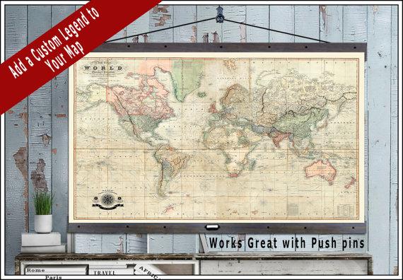 Vintage Detailed Travel Map. Large Travel Maps. 40x60 or 44x72 Hanging Map printed on Canvas. Push Pin Map. Vintage Geography.