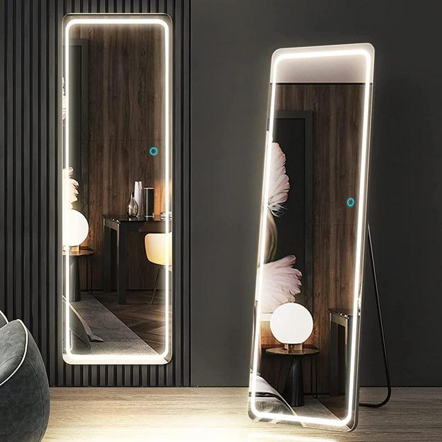 Vlsrka Full-Length Mirror with LED Lights, 63" x 20" Full Body Mirror, Free Standing Floor Mirror, Wall Mounted Lighted Mirror, 3 Color Lighting & Dimmable Brightness - Black Frame (1 Pc)