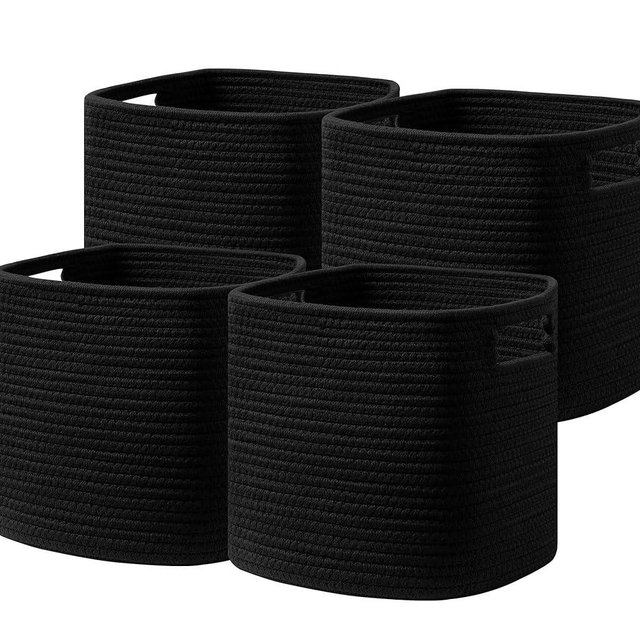 UBBCARE Set of 4 Storage Basket-11 X 10.5 X 10.5 in, Cotton Rope Basket for Shelves, Toys, Book, Cube Storage Bins with Handles, Woven Storage Basket for Organizing, Black