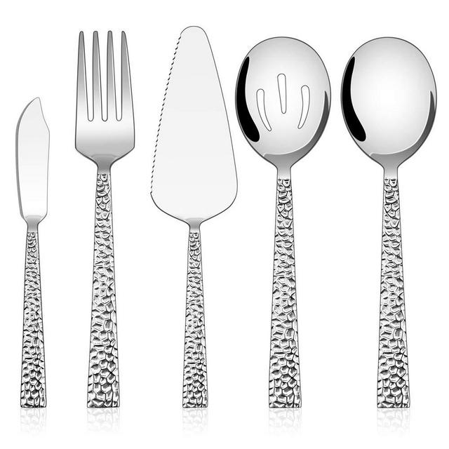 Hammered Serving Utensils, E-far 5-Piece Stainless Steel Square Hostess Serving Set for Buffet Party Kitchen Restaurant, Mirror Finished & Dishwasher Safe