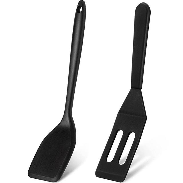 Mini Silicone Brownie Serving Spatula Flexible Nonstick Serve Turner Heat-Resistant Cookie Slotted Spatula for Flip Eggs in Small Frying Pan Cookie Batter Lemon Squares or Baked (2, Black)
