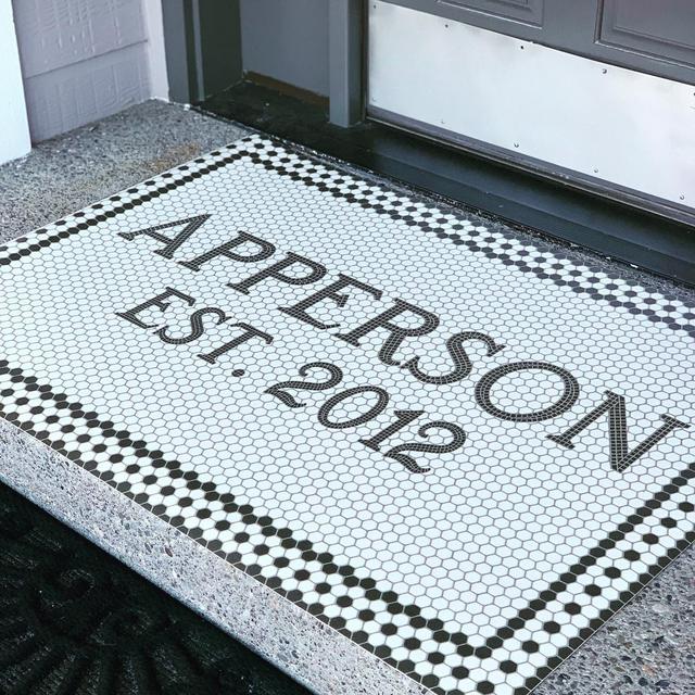 Personalized White Vinyl Floorcloth w/ Block Lettering
