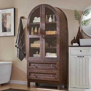 71" Tall Arched Bathroom Storage Cabinet, 4-Tier cabinet w/2 Large Drawers &Adjustable Shelves, Wooden bathroom Floor cabinets w/Glass Doors, Modern Farmhouse Versatile Cabinets for bathroom, Brown