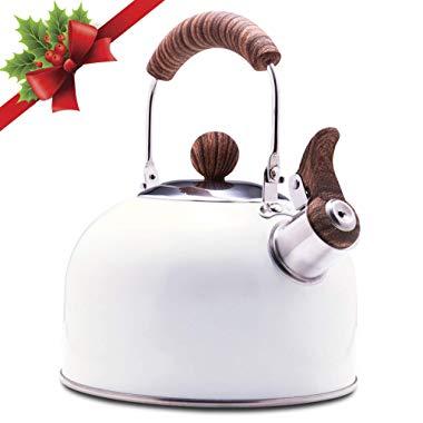 ROCKURWOK Tea Kettle, Stovetop Whistling Teapot, Stainless Steel, Pearl White, 2.43-Quart