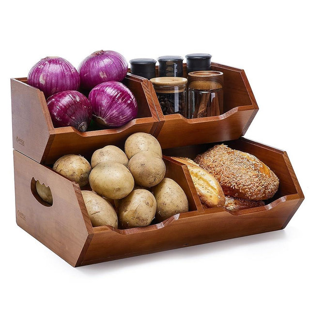 HYPIGO Wood Pantry Storage Bins, Stackable Large Capacity Potato and Onion Storage Baskets, Kitchen Pantry Organizers for Vegetables, Bread, Spices (Set of 3)