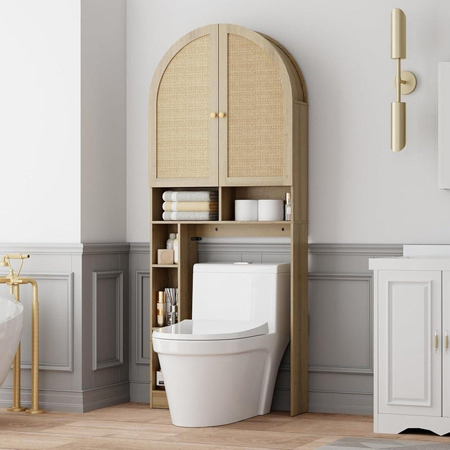 BONITURE Over The Toilet Storage Cabinet, 29.7”W Modern Storage Cabinet Over Toilet with Rattan Doors, Arched Freestanding Over Toilet Rack with Adjustable Shelf for Bathroom, Nature