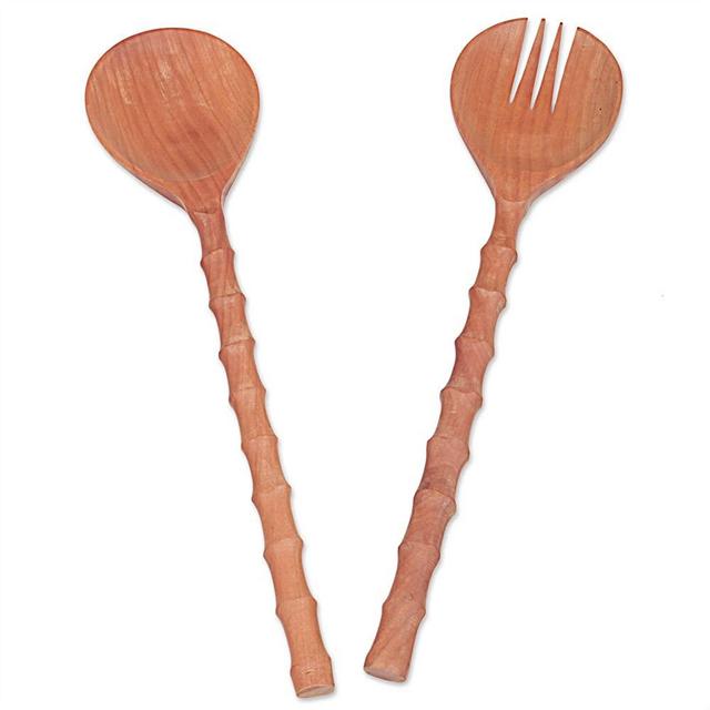 NOVICA Brown Handmade Sawo Wood Salad Serving Spoons, 'Bamboo Grove' (Pair)