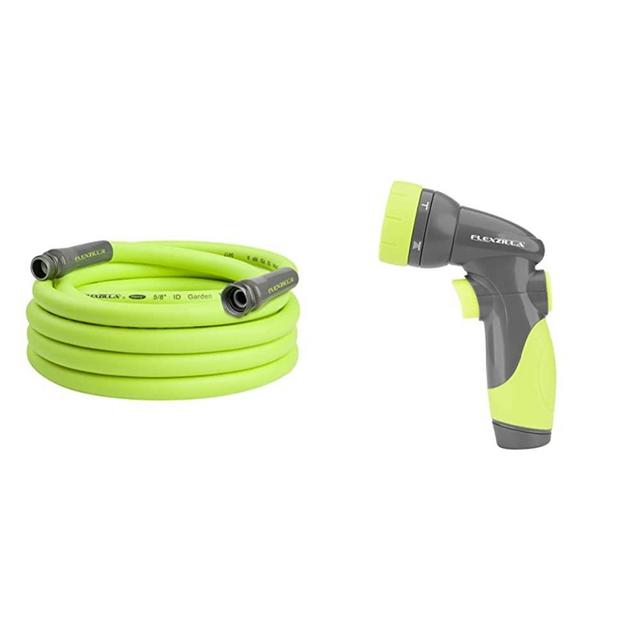 Flexzilla HFZG525YW Garden Lead-In Hose 5/8 In. x 25 ft, 25' (feet) & NFZG64 6-Pattern Nozzle, Green