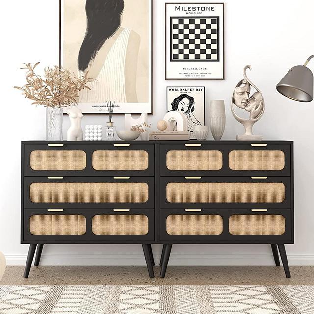 QEIUZON 3 Drawer Dresser, Modern Rattan Dresser Chest with Wide Drawers and Metal Handles, Farmhouse Wood Storage Chest of Drawers for Bedroom, Living Room, Hallway, Entryway (Black-2 Packs)