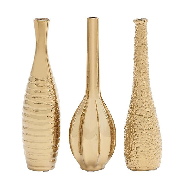 Deco 79 Glam Ceramic Vase, Set of 3, 12", 12", 12"H, Gold