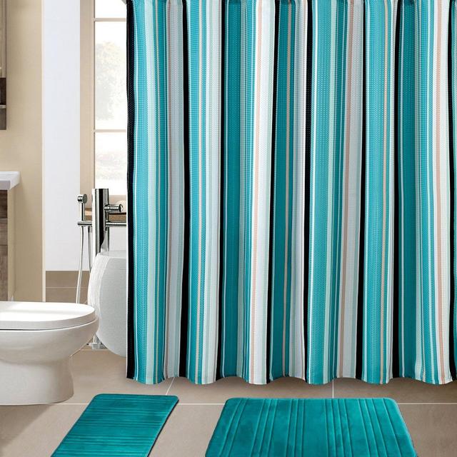 All American Collection New 15 Piece Bathroom Mat Set Memory Foam with Matching Shower Curtain (Stripe Turquoise)