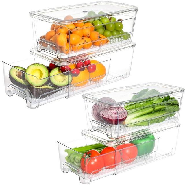 MIUKAA Stackable Fridge Drawer Organizer, 4 Pack Refrigerator Organizer Bins with lids, Clear Drawer Organizers for Fridge, Bathroom, Kitchen, Undersink, Cabinet