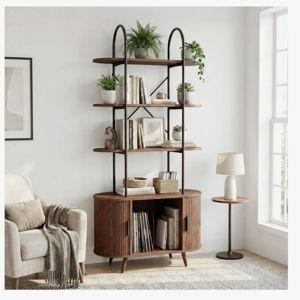 Tall Record Player Stand with Storage, 4-Tier Book Shelf With Curved Storage Cabinet and Sliding Door, CD Storage with Book Stoppers for Living Room, Bedroom, Home Office, Walnut - Walnut