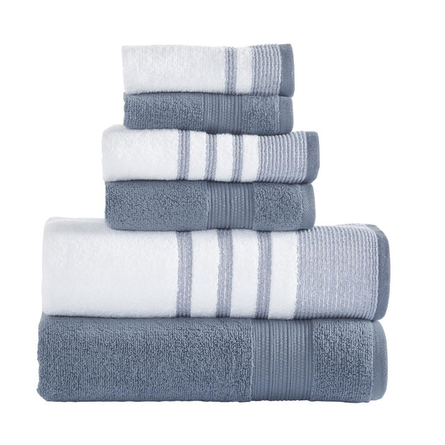 Modern Threads 6 Piece Bath Towel Set, Quick Dry Striped, Reinhart, Denim