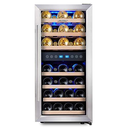 Phiestina Dual Zone Wine Cooler Refrigerator - 33 Bottle Free Standing Compressor Fridge and Chiller for Red and White Wines - 16'' Glass Door Wine Refrigerator with Digital Memory Temperature Control