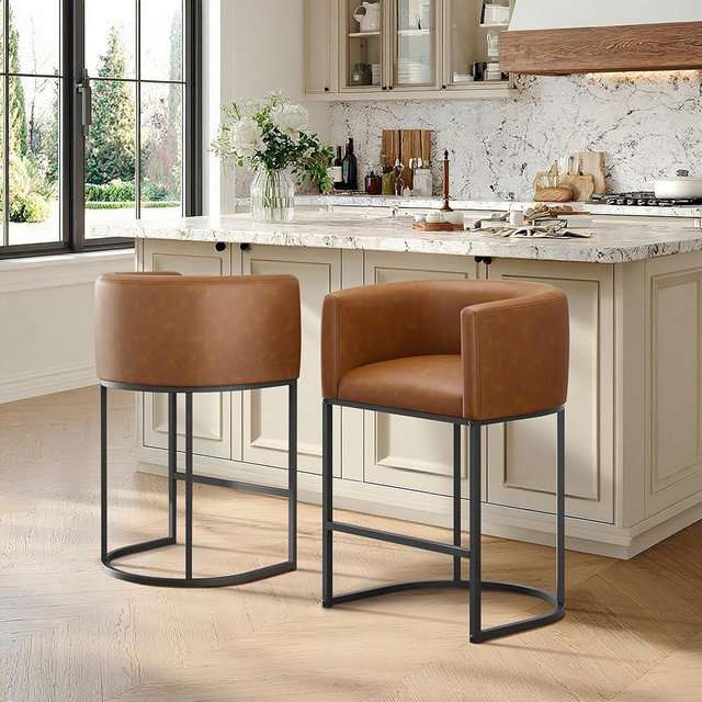 KRAMZMING Counter Height Bar Stools Set of 2, Modern Counter Stools for Dining Room, 24 Inch Barstools for Kitchen Island, Faux Leather Bar Stool with Metal Legs and Back Footrest, Brown